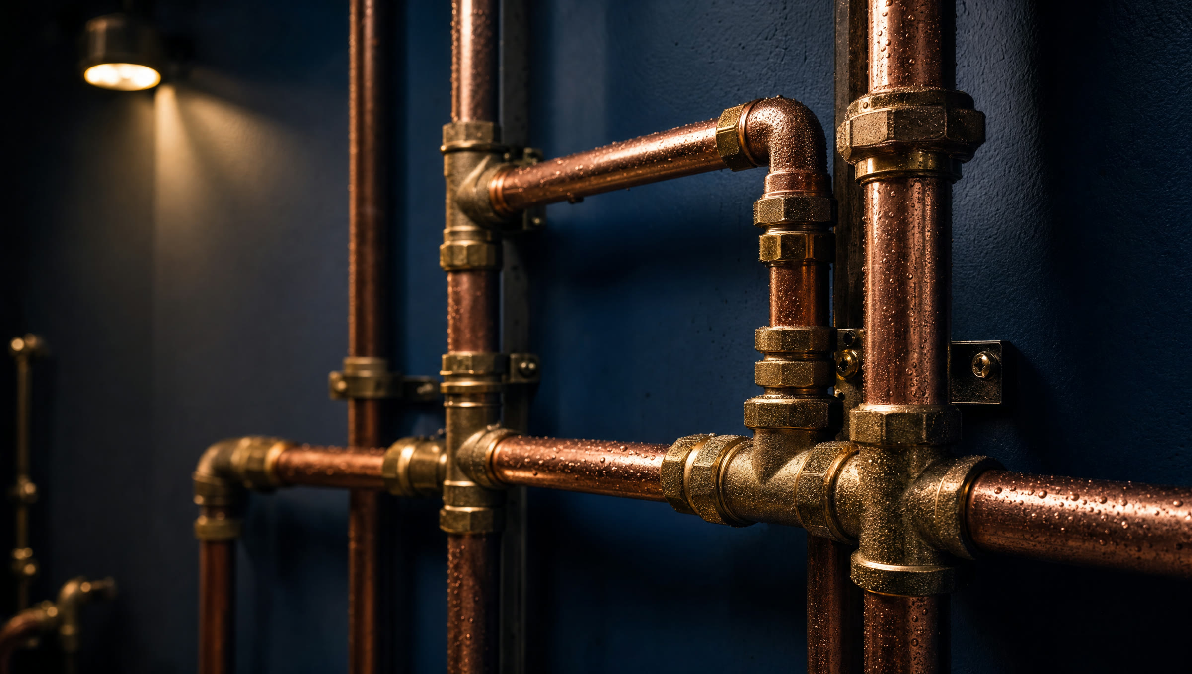 Polished copper pipework catching warm workshop light against deep navy